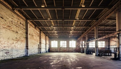 Nave industrial abandonada: Un interior grunge de una f&aacute;brica oscura y vac&iacute;a con paredes de ladrillo blanco sucio, metal vintage y acero oxidado, creando un espacio grande y espeluznante.