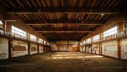 Nave industrial abandonada: Un interior grunge de una fábrica oscura y vacía con paredes de ladrillo blanco sucio, metal vintage y acero oxidado, creando un espacio grande y espeluznante.