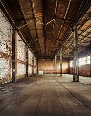 Nave industrial abandonada: Un interior grunge de una f&aacute;brica oscura y vac&iacute;a con paredes de ladrillo blanco sucio, metal vintage y acero oxidado, creando un espacio grande y espeluznante.