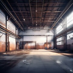Nave industrial abandonada: Un interior grunge de una fábrica oscura y vacía con paredes de ladrillo blanco sucio, metal vintage y acero oxidado, creando un espacio grande y espeluznante.
