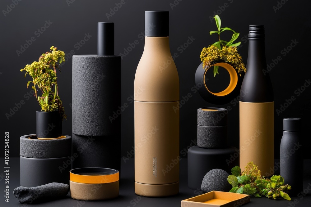 Poster minimalist product design of a sleek, modern bottle with neutral tones and a minimal label