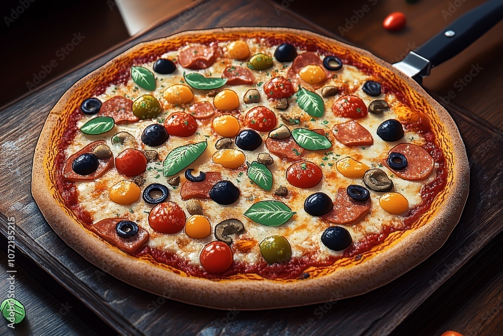 Poster pixel art of a pizza with vibrant toppings in 8-bit style, capturing a retro gaming feel
