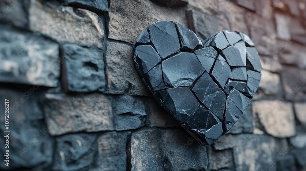 Poster heart shaped structure made of dark slate stones mounted on a rustic stone wall creating a unique an
