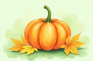 Pumpkin, autumn leaves on a green background. watercolor Illustration.