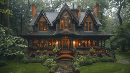 Fototapeta premium The home has ornate wooden windows, turrets on each side, a large front porch made from natural wood, a small fireplace, rustic yet elegant architecture, and lots of natural light.