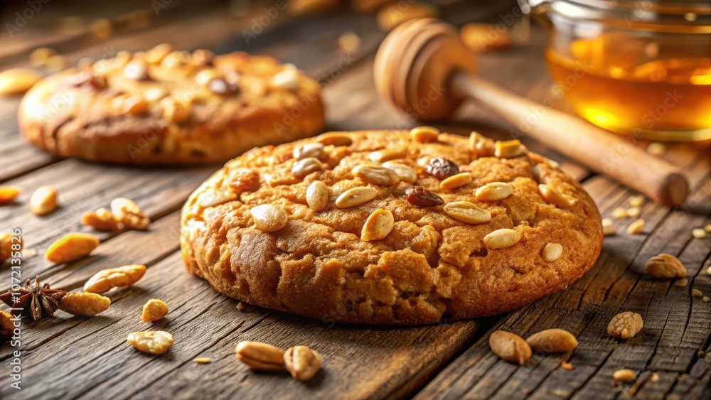 Poster a close-up of a honey-glazed cookie with nuts, placed on a rustic wooden surface, surrounded by scat