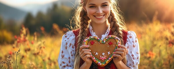 Woman in a dirndl holding a gingerbread heart with the word Oktoberfest, cheerful festival mood