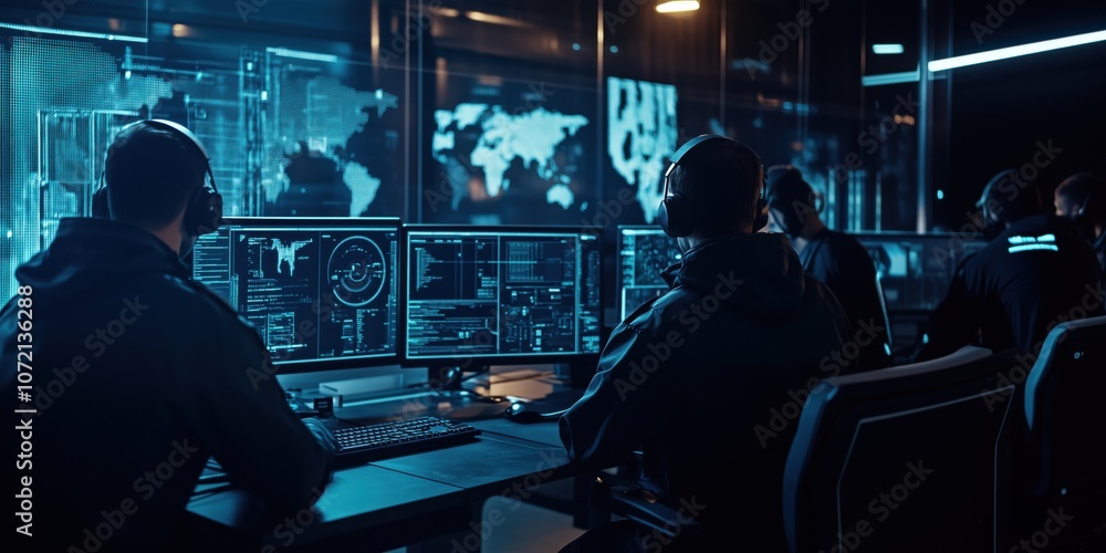 Poster cybersecurity operations center with analysts monitoring data