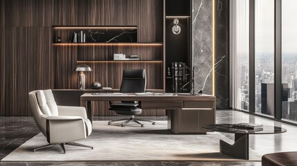 Modern home office setup with neutral colors and sleek furniture