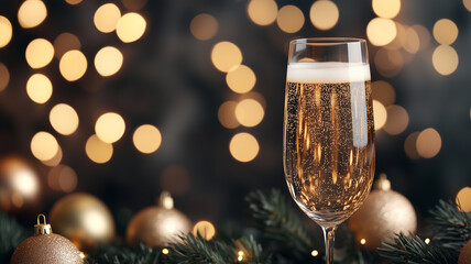 Celebratory champagne for the New Year, with bokeh lights background