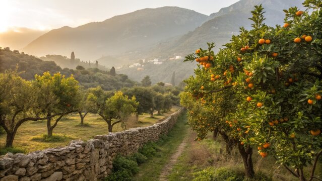 Dreamy Misty Morning in Vibrant Orange Grove with Mount Taygetus in Kalamata, Greece Landscape