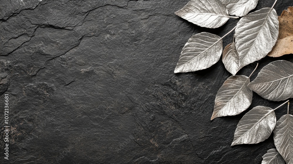 Aufkleber silver metallic leaves on dark slate background creating a contrast for textures and patterns in nat