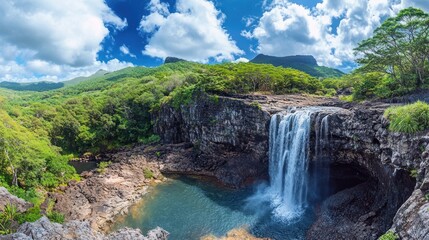 Waterfall in a Lush Tropical Valley