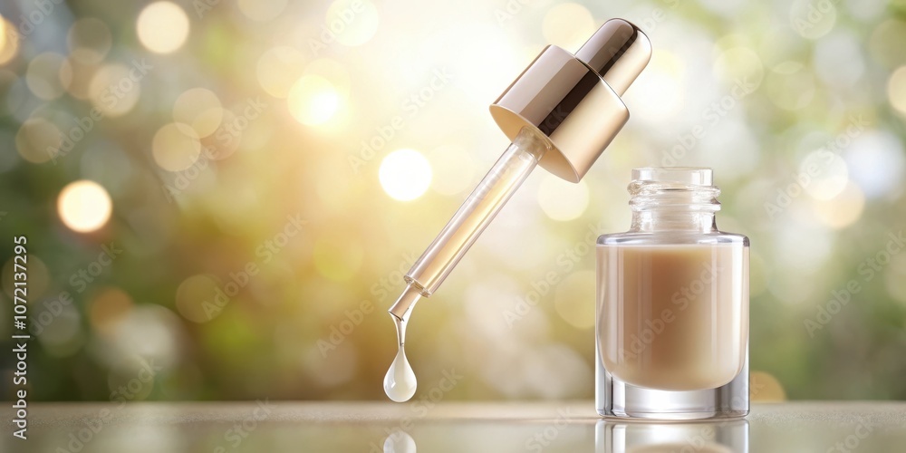 Poster a single drop of serum falls from a glass dropper bottle, creating a glistening reflection on a smoo