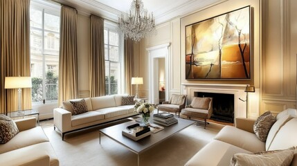 Sophisticated living room with neutral colors and large artwork