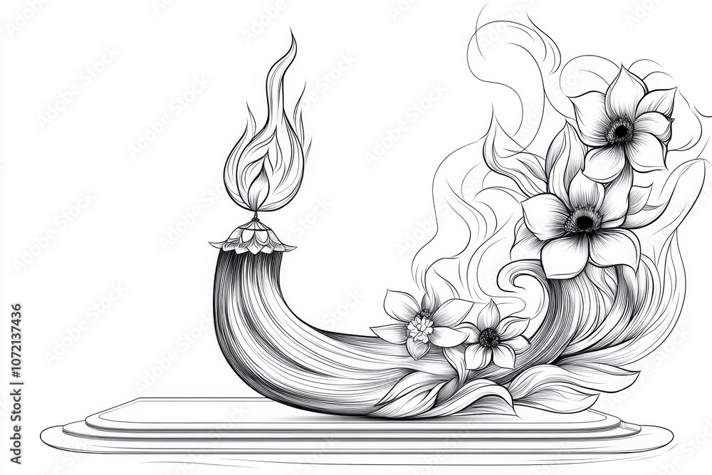 Poster single line drawing of a krathong with a small flame and a few flowers, in a simple, elegant style