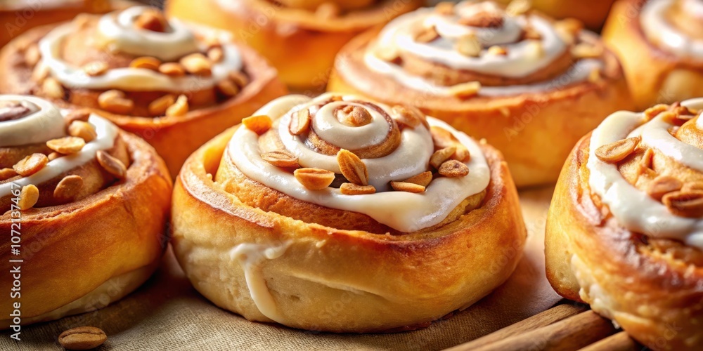 Poster close-up of sweet and delectable cinnamon rolls topped with creamy frosting and scattered nuts