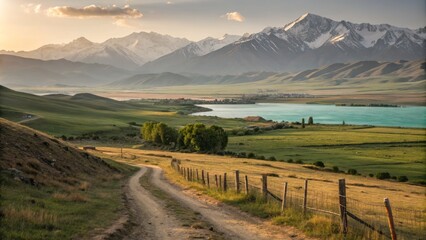 Majestic Ancient Landscape of Fergana Valley in Uzbekistan Bathed in Warm Golden Light at Dusk
