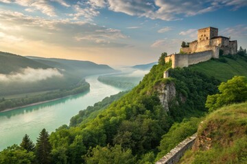 Fototapeta premium Majestic Castle Ruin Overlooking Vibrant Colorful Landscape in Nitra, Slovakia During Sunlit Day