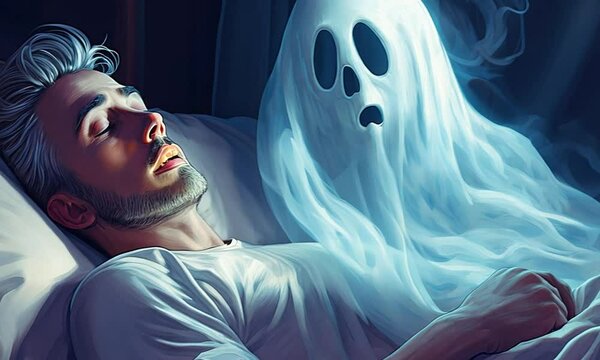 a terrified man with sleep paralysis laying on bed with a ghost on his chest 
