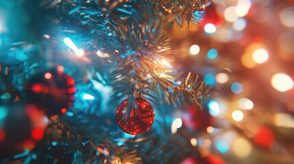 Fototapeta premium Sparkling Christmas Tree Decoration with Colorful Lights and Shiny Ornaments Creating a Festive Atmosphere in a Holiday Setting