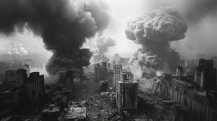 Black and white photo of a destroyed city