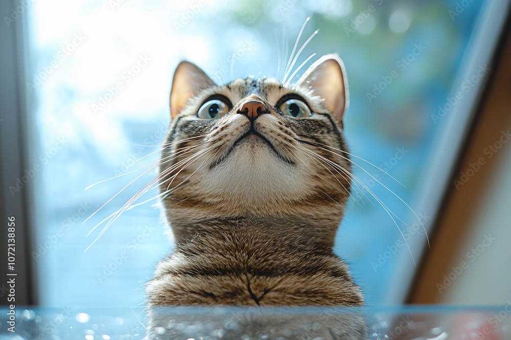 Poster curious tabby cat peering over a table indoors by a window