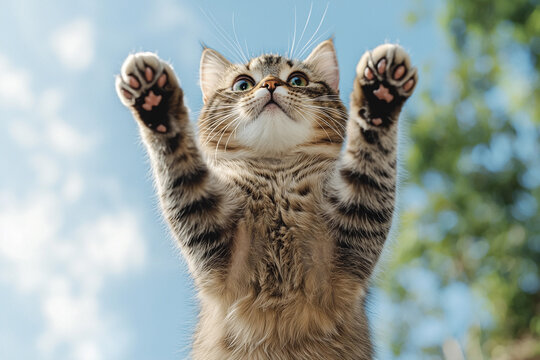 A playful cat reaches up beneath a bright sky in a serene garden