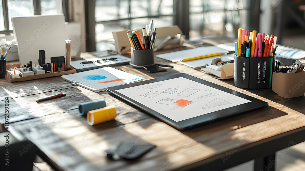 Poster a tablet with a blank screen and an open notebook on a wooden desk with various office supplies.