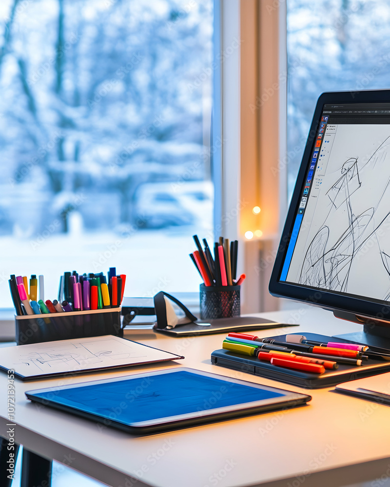 Poster a white desk with a computer, tablet, and drawing tools in front of a window with a snowy scene outs