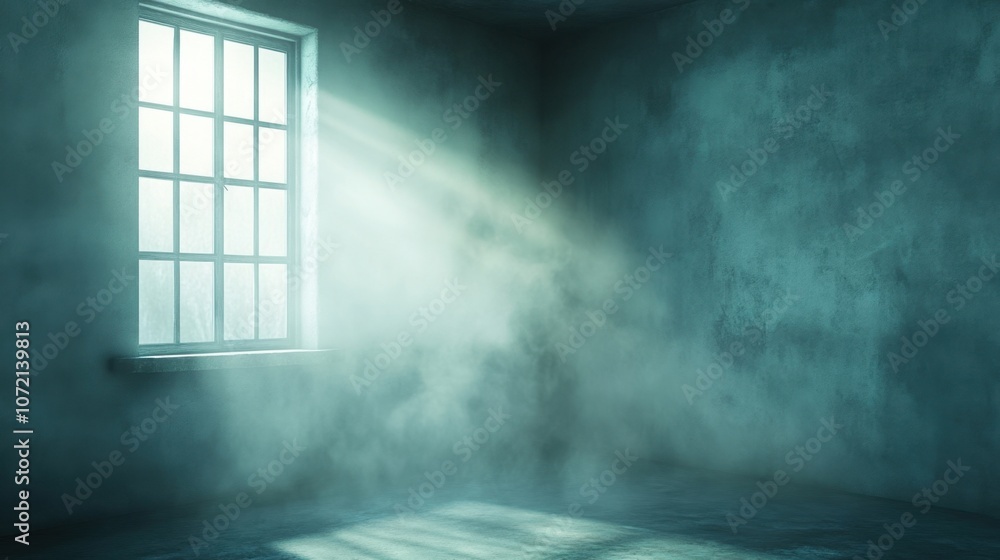 Poster ethereal light streaming through window in a dark, foggy room creating a mysterious atmosphere with 