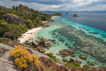 Fototapeta premium Serene Coastal Landscape of Makassar, Indonesia with Vibrant Coral Reefs and Clear Blue Waters
