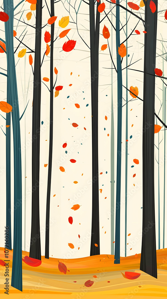 Poster abstract autumn forest with falling leaves and a hazy background.