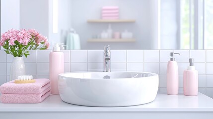 Fototapeta premium A serene bathroom setting featuring a white sink, pink towels, floral accents, and soft lighting, creating a fresh and inviting atmosphere.
