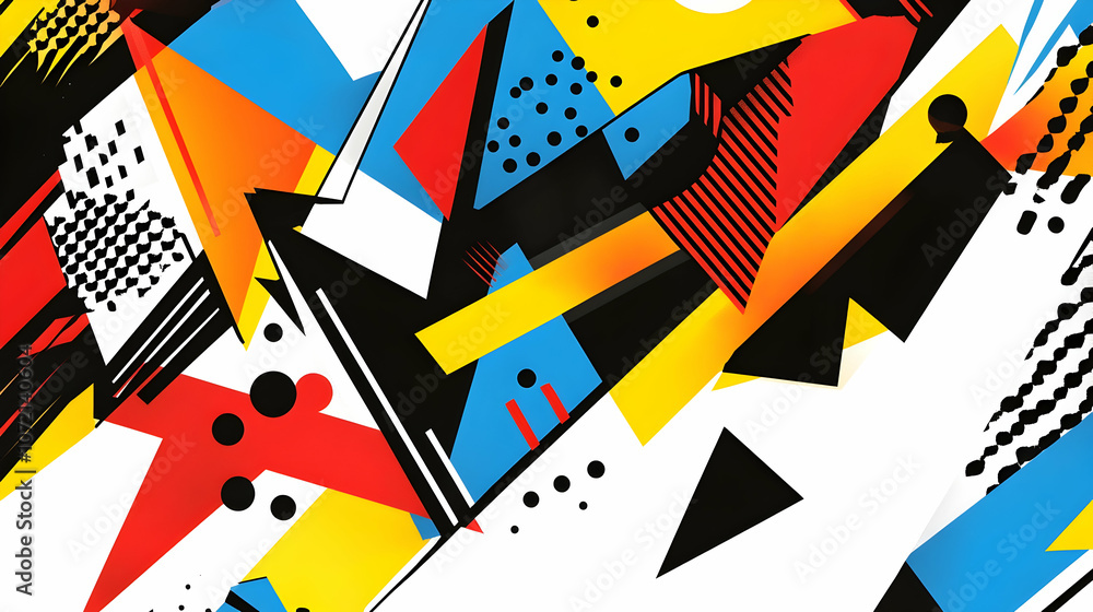 Poster abstract geometric pattern with colorful shapes and lines on white background.
