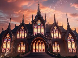 Explore the enchanting architecture of a majestic castle with stunning stained glass windows at sunset