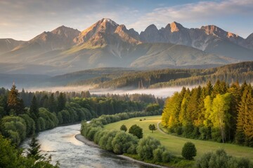 Serene Landscape of Misty High Tatras Mountains in Poprad, Slovakia with Lush Greenery Below