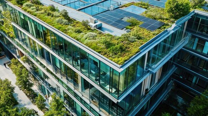 Modern Building with Green Roof and Solar Panels