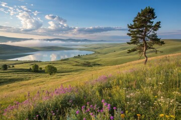 Fototapeta premium Serene Landscape of Rolling Hills and Vast Grassland with Vibrant Wildflowers in Kazakhstan's Aktobe