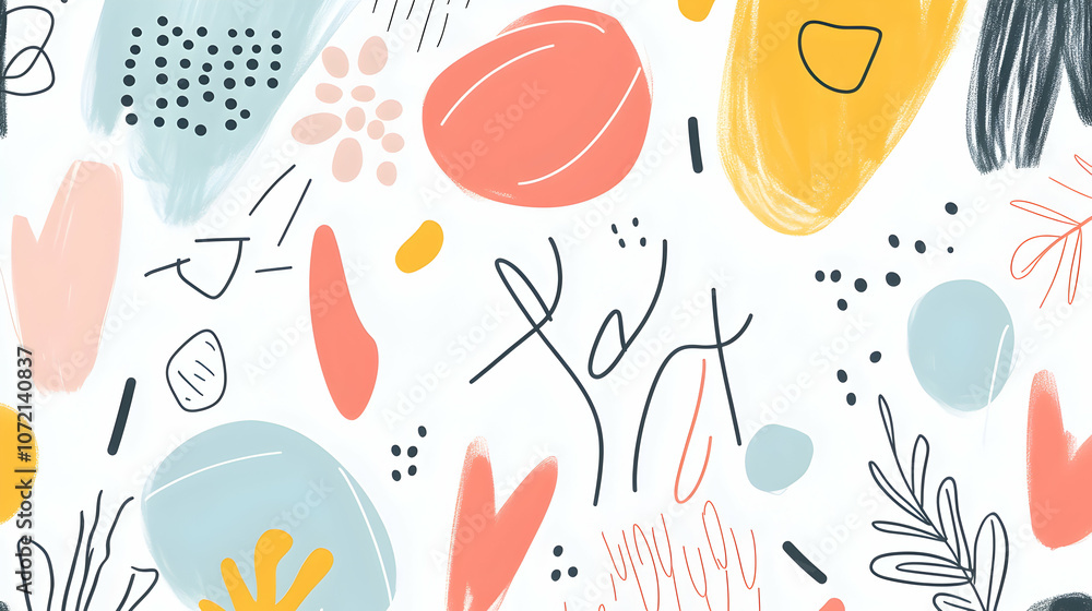 Poster abstract seamless pattern with colorful shapes, lines, and dots on white background.