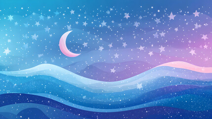 Fototapeta premium Abstract night sky with a crescent moon and stars over a wavy landscape.