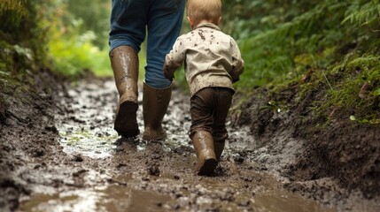 Child and Adult Walking Together on a Muddy Path Surrounded by Lush Greenery in Nature, Enjoying a Fun and Messy Outdoor Adventure in the Countryside