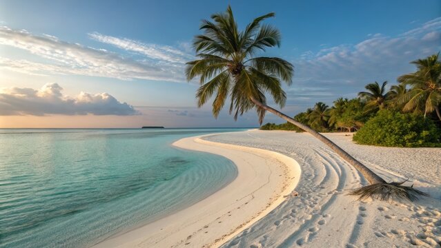 Serene Paradise in Maldives with Symmetrical Palm Tree Standing Tall Along the Tranquil Shoreline