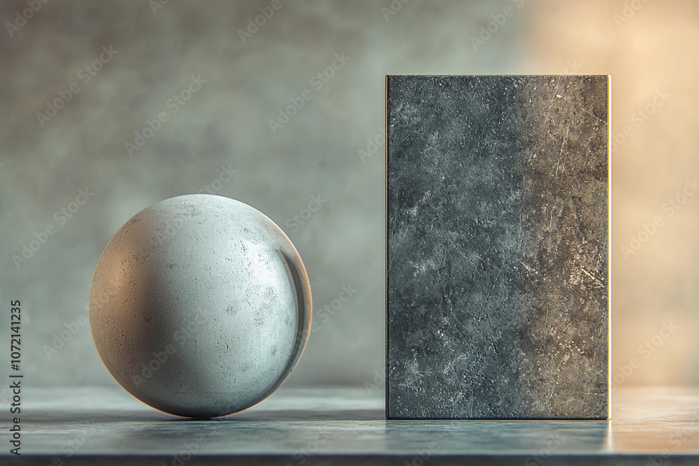 Poster abstract composition of a sphere and rectangular block on a surface