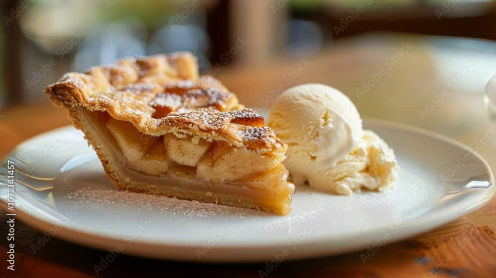 Poster delicious slice of apple pie with a lattice crust is sitting on a plate, dusted with powdered sugar 