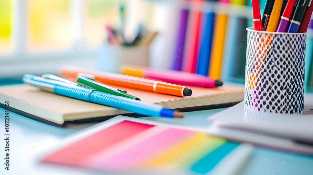 Poster close-up of a desk with colorful pens and a notebook, representing creativity and productivity.