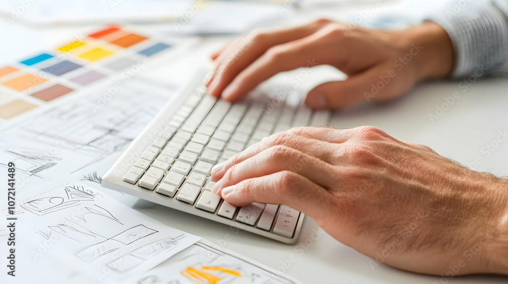 Poster close-up of a man's hands typing on a white keyboard, with design sketches and a color palette in th