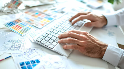 Close-up of a designer's hands typing on a keyboard with design sketches and color swatches surrounding it.