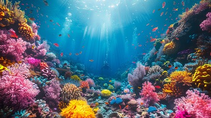 Naklejka premium A snorkeler glides through crystal-clear tropical waters, observing vibrant coral reefs and colorful fish. Sunlight filters through the water, illuminating the underwater world in vivid detail