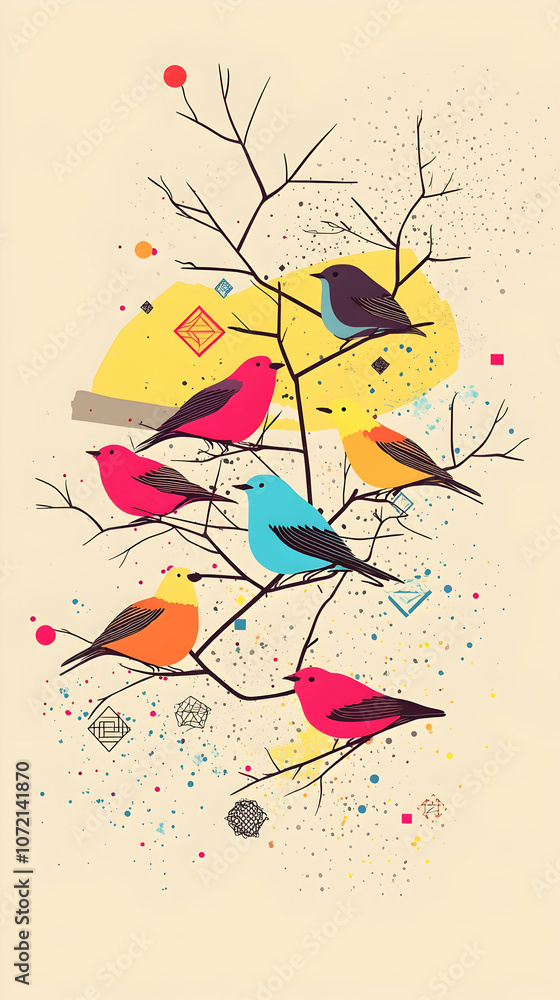 Poster colorful birds perched on branches with abstract geometric patterns in the background.